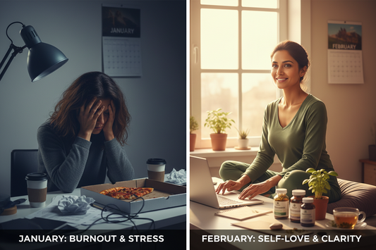 Before and after transformation showing person stressed with brain fog versus vibrant and focused after natural wellness supplements - memory mood stress support - Purple Cushhh South Africa