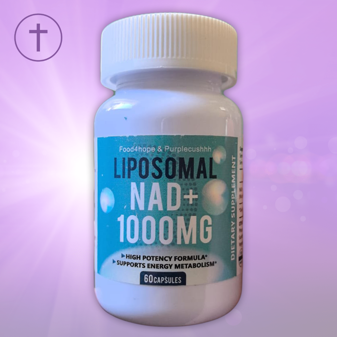 Bottle of Liposomal NAD+ 1000MG supplement with Purple Cushhh background